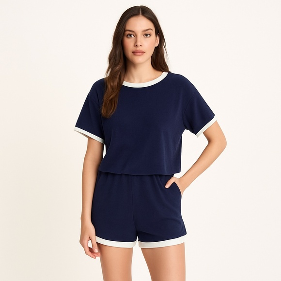 NEW ZARA Retro Navy Blue Terrycloth One Piece Romper White Trim Cozy Lounge M - Picture 1 of 12